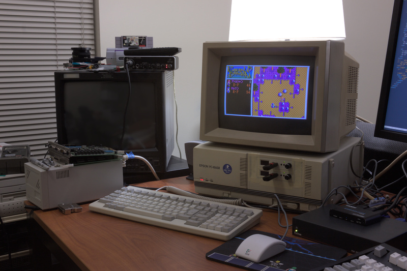 Epson PC-486GR, set up on my desk with mouse, monitor, flashfloppy drives, and keyboard.