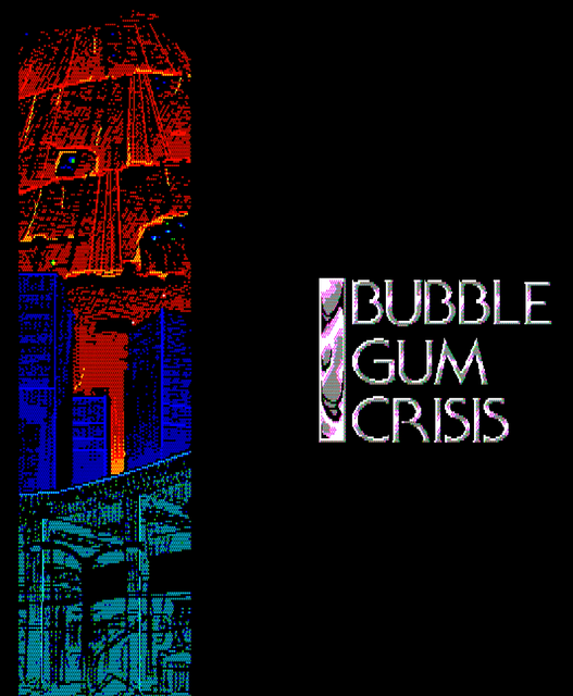 (Bubblegum Crisis PC-98 game screenshot, looking up at
                    Genom tower, with logo to the right of the image)