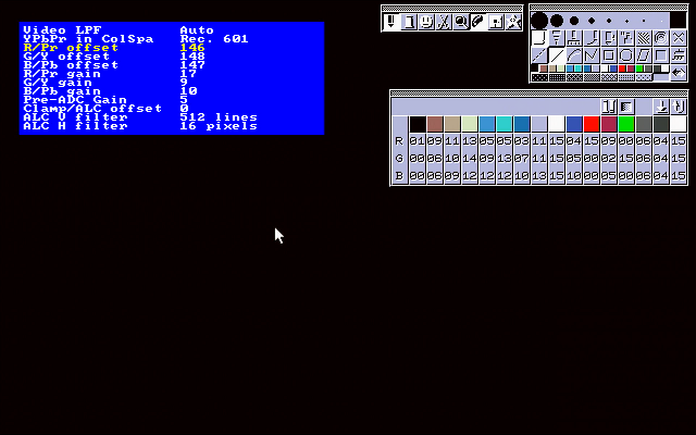 Screenshot of MPS on PC98 with a solid near-black
                    (RGB 1,0,0) screen and the Open Source Scan Converter
                    'Video In Proc' settings menu opened. Values are:
                    Video LPF: Auto
                    YPbPr in ColSpa: Rec. 601
                    R/PR offset: 146
                    G/Y offset: 148
                    B/Pb offset: 147
                    R/Pr gain: 17
                    G/Y gain: 9
                    B/Pb gain: 10
                    Pre-ADC Gain: 5
                    Clamp/ALC offset: 0
                    ALC V filter: 512 lines
                    ALC H filter: 16 pixels