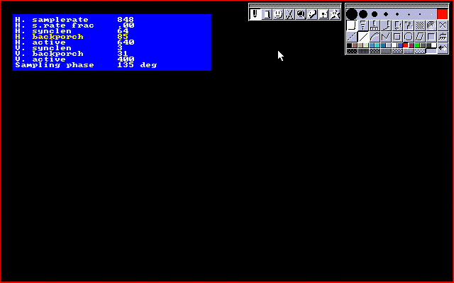 Screenshot of MPS on PC98 with a red box around outside of
                    screen and the Open Source Scan Converter advanced sampling
                    settings menu opened. Values are:
                    H. samplerate: 848
                    H. s.rate frac: .00
                    H. synclen: 64
                    H. backporch: 85
                    H. active: 640
                    V. synclen: 3
                    V. backporch: 31
                    V. active: 400
                    Sampling phase: 135 degrees