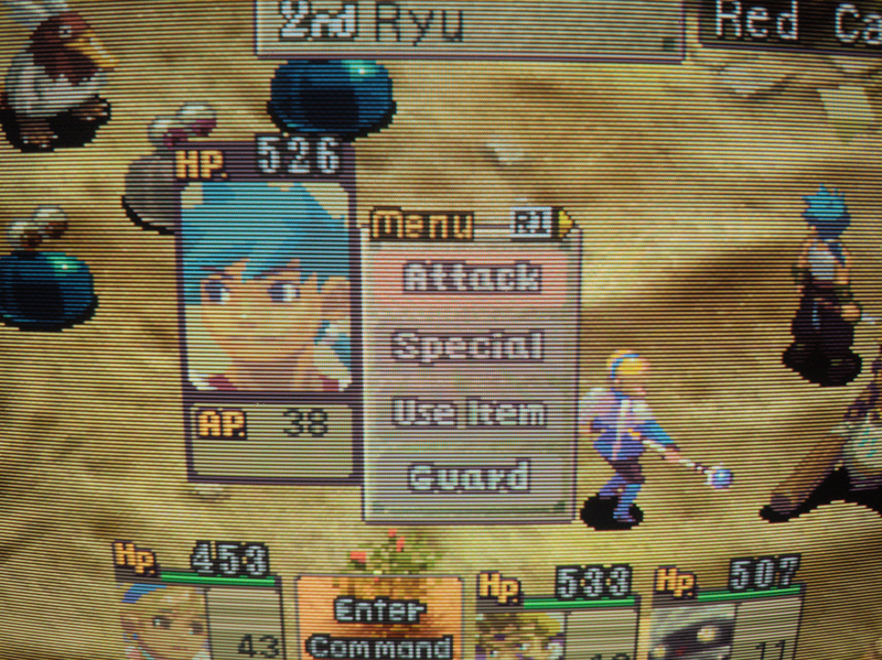 Photograph of my CRT, a Panasonic BT-H1390YN, displaying a battle in Breath of Fire IV over RGB via a cheap third-party component cable.